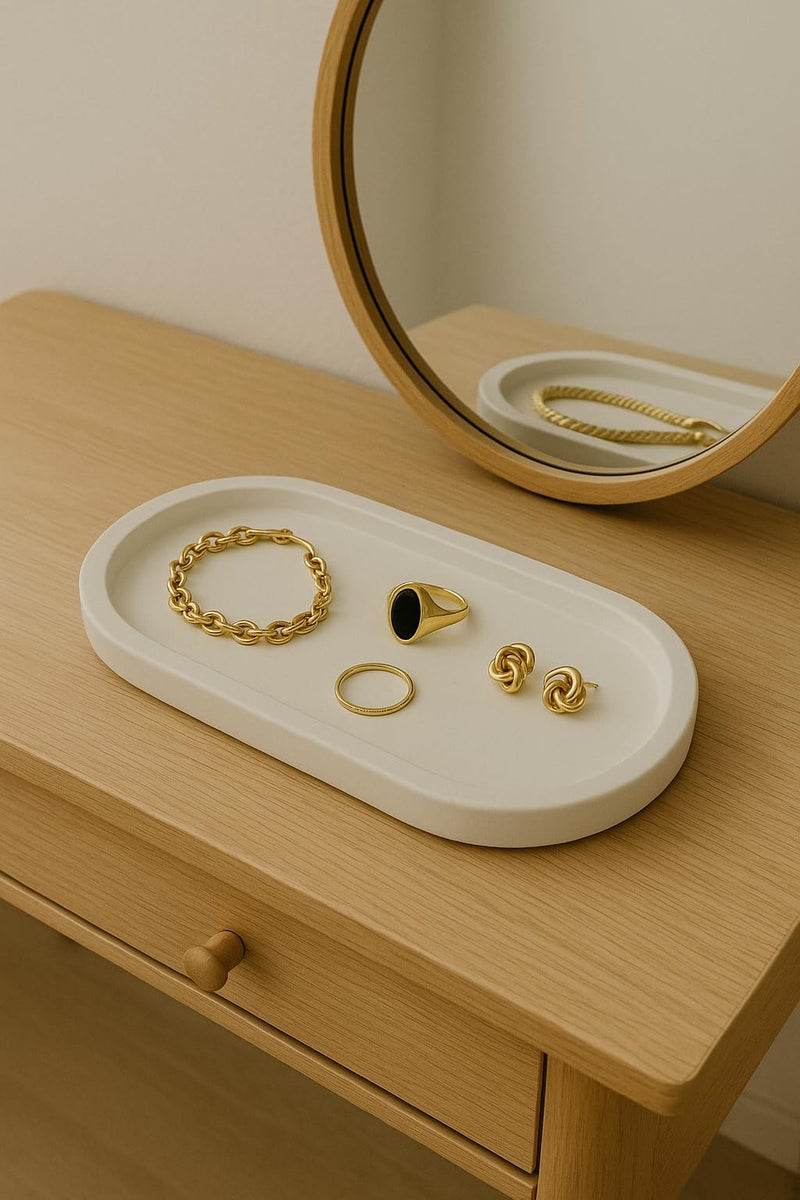 TREETRUNK Concrete Oval Trinket Tray | Jewellery/Makeup/Table Organizer l Home Decor l Candle Tray | Multipurpose (Off White) 18.8x10.2x2cm - Image 5
