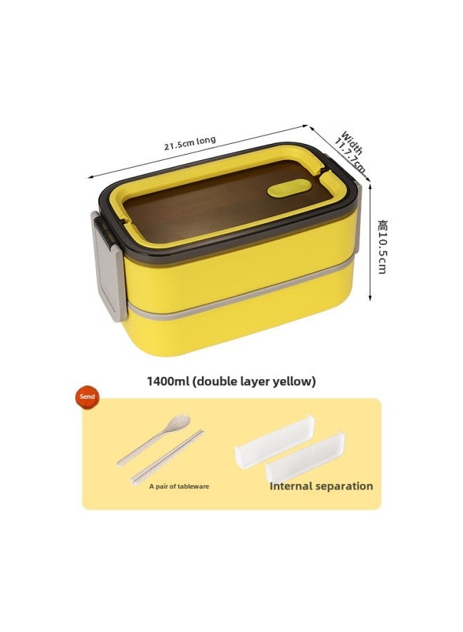 Double-layer Lunch Box With Handle Sealed Compartment Plastic Lunch Box Student Microwave Oven Heating Insulation Lunch Box-Specifications:Yellow Double-layer Lunch Box 1400ml-free Tableware  - Image 1