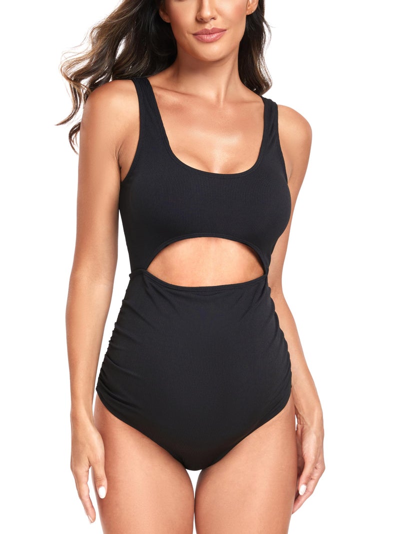 EastElegant مايوه سباحة للأمومة بقصة مميزة من إيست إليغنت، قطعة واحدة، طباعة نقاط بولكا، بدلة سباحة للحمل، لون أسود صلب، مقاس L