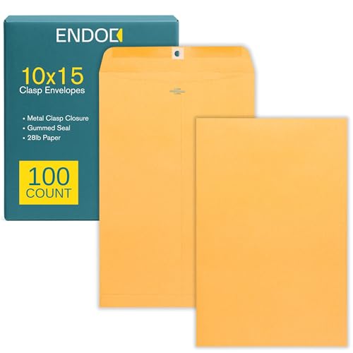 EnDoc 10 x 15 Clasp Envelopes - 100 Pack Brown Kraft Catalog Mailing Gummed Seal Envelope - 28lb Heavyweight 10x15 Inches Manila Envelopes for Home, Office, Business, Legal or School - Image 1