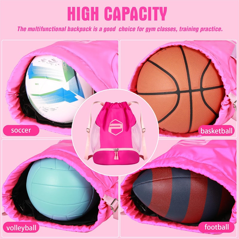 Picador Soccer Ball Bags, Drawstring Basketball Backpack for Sport Training with Ball Shoe Dry and Wet Compartments(Pink) - Image 5