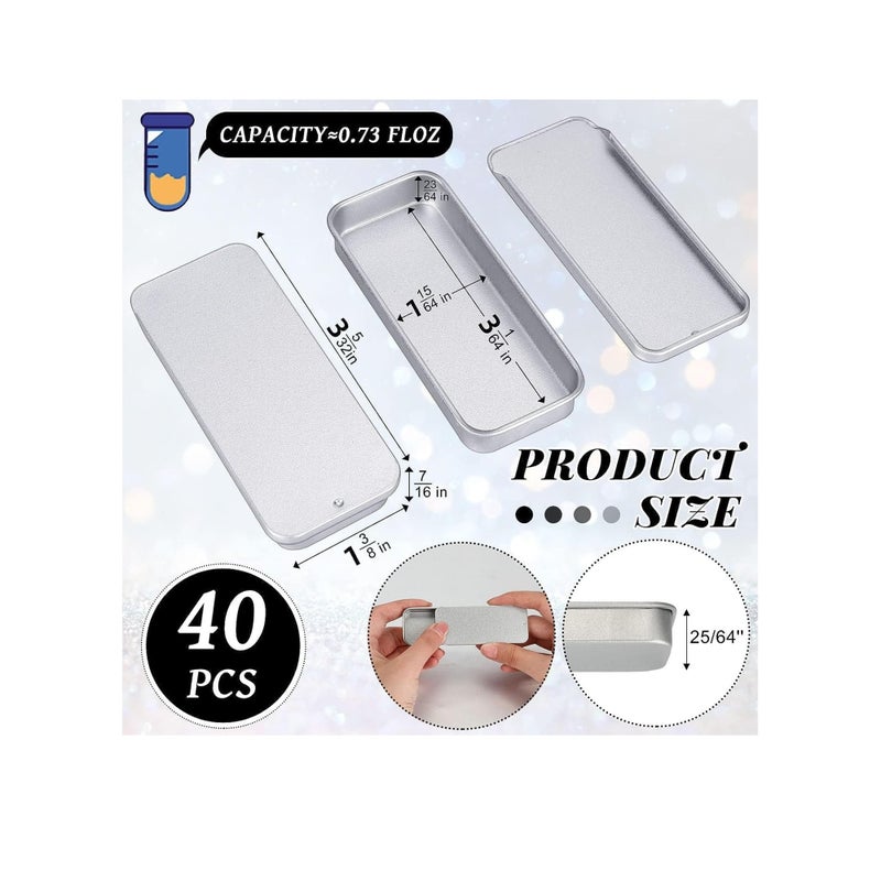 Zikra 40 Pcs Slide Top Tin Small Rectangular Metal Tins Containers with Lids for Lip Balm Candies Jewelry Crafts Pills Storage Kit (Silver, 3.15 x 1.38 x 0.43 Inch) - Image 2