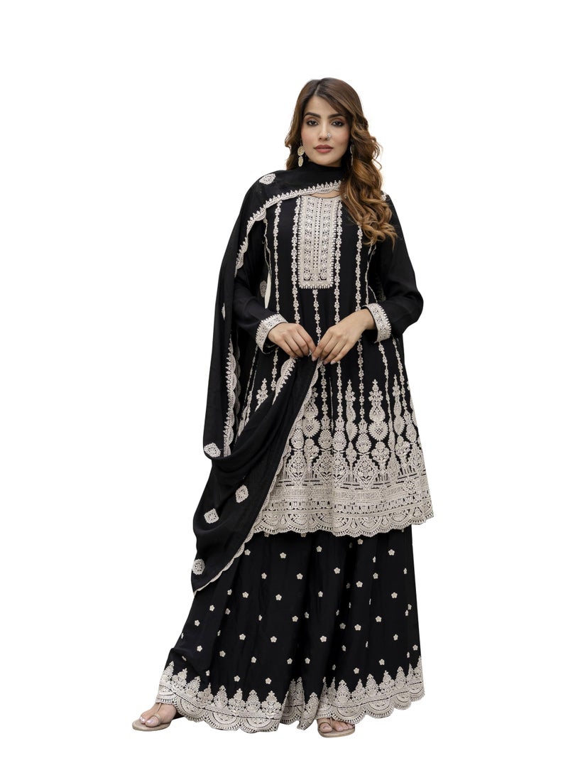 TRENDMALLS طقم كورتا بالخط A مع بالازو ودوباتا من الحرير الفني المطرز للسيدات (G259-Black-XXL) - Image 1