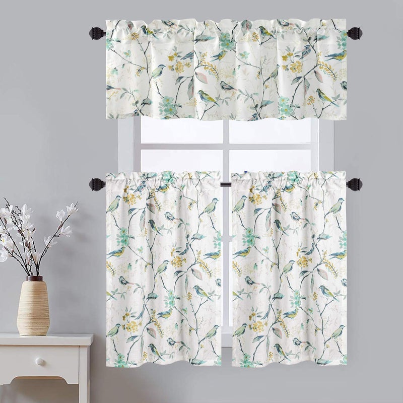 VOGOL Rod Pocket Kitchen Tier Valances Set for Windows Bird Printed Window Treatment Curtains Tiers Valance 52 x 18 30 x 36 3 Panels