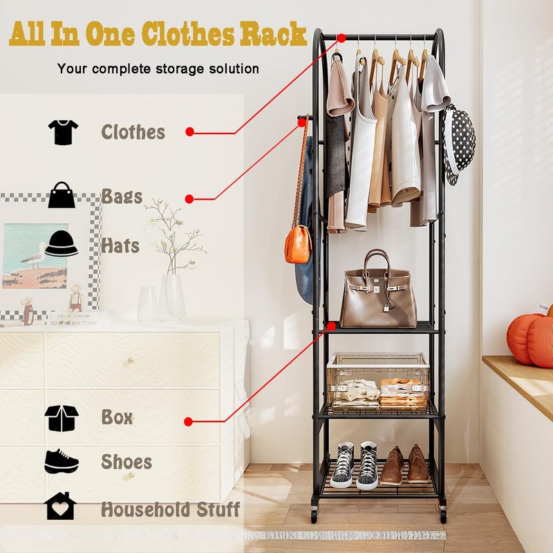 SUOERNUO Clothes Rack With Wheels and 3-Tier Metal Shelves,Clothing Rack For Hanging Clothes With 4 Hooks,Garment Rack Wardrobe Organizer for Small Space,Black (black, 16.54 * 18.23 * 72.05) - Image 4