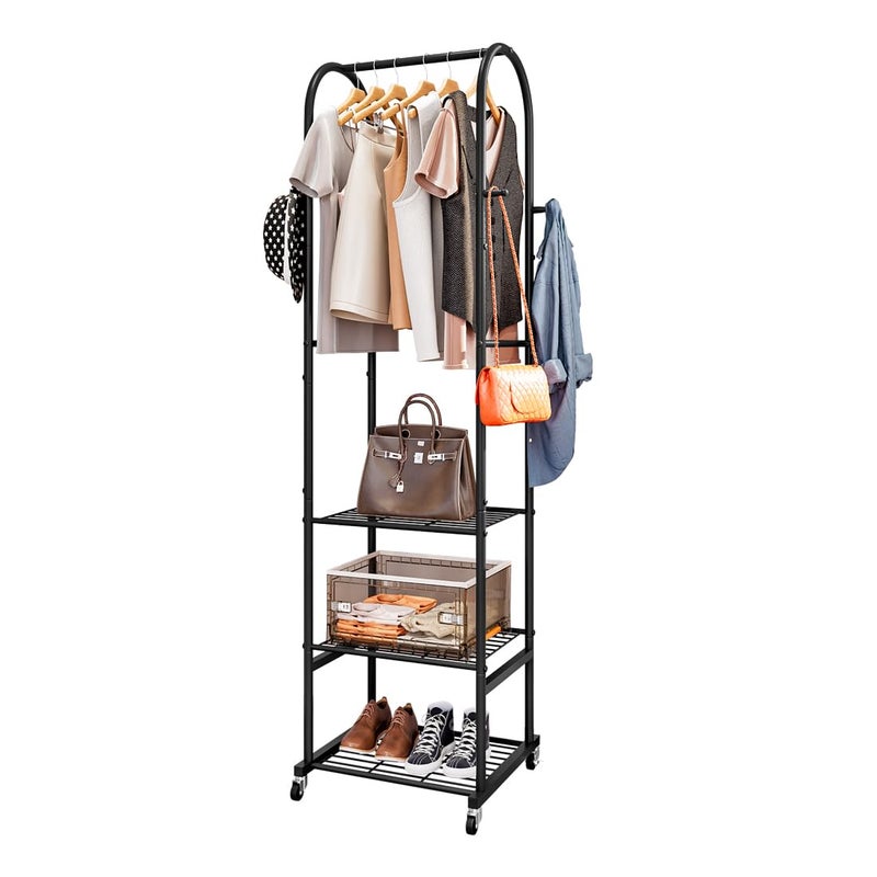 SUOERNUO Clothes Rack With Wheels and 3-Tier Metal Shelves,Clothing Rack For Hanging Clothes With 4 Hooks,Garment Rack Wardrobe Organizer for Small Space,Black (black, 16.54 * 18.23 * 72.05) - Image 1