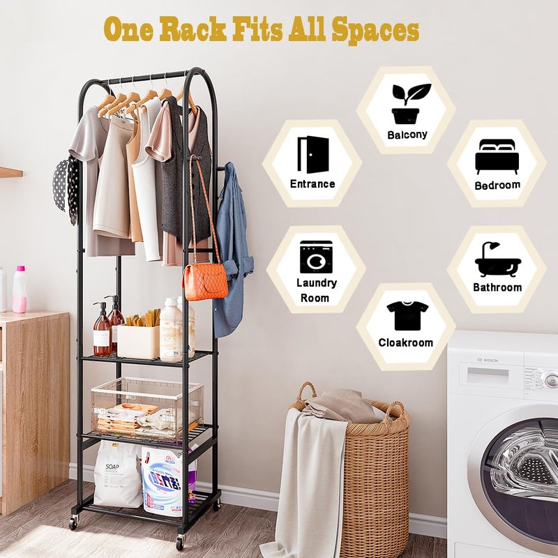 SUOERNUO Clothes Rack With Wheels and 3-Tier Metal Shelves,Clothing Rack For Hanging Clothes With 4 Hooks,Garment Rack Wardrobe Organizer for Small Space,Black (black, 16.54 * 18.23 * 72.05) - Image 5