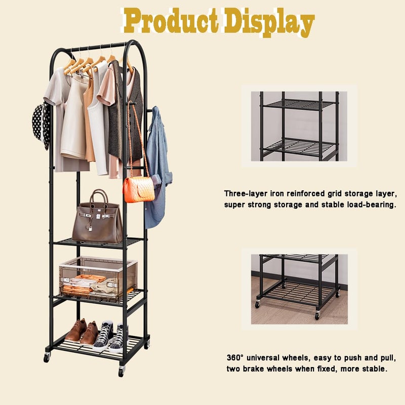SUOERNUO Clothes Rack With Wheels and 3-Tier Metal Shelves,Clothing Rack For Hanging Clothes With 4 Hooks,Garment Rack Wardrobe Organizer for Small Space,Black (black, 16.54 * 18.23 * 72.05) - Image 3