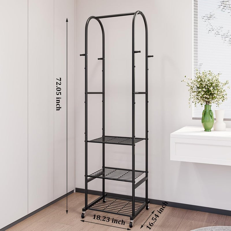 SUOERNUO Clothes Rack With Wheels and 3-Tier Metal Shelves,Clothing Rack For Hanging Clothes With 4 Hooks,Garment Rack Wardrobe Organizer for Small Space,Black (black, 16.54 * 18.23 * 72.05) - Image 2
