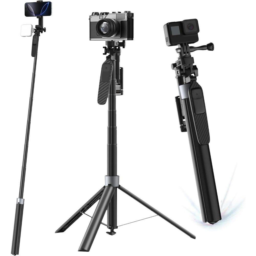 71" Automatic Selfie Stick Tripod with 360° Rotating Handle and 1/4" Screw for Camera and Flexible Holder Extra-Long Heavy Aluminium Stable Selfie Stand for Mobile Phone Vlogging Travel Black