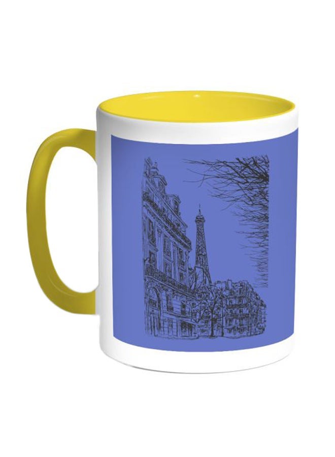 Drawing Of Paris Printed Coffee Mug Blue/White/Yellow 11ounce