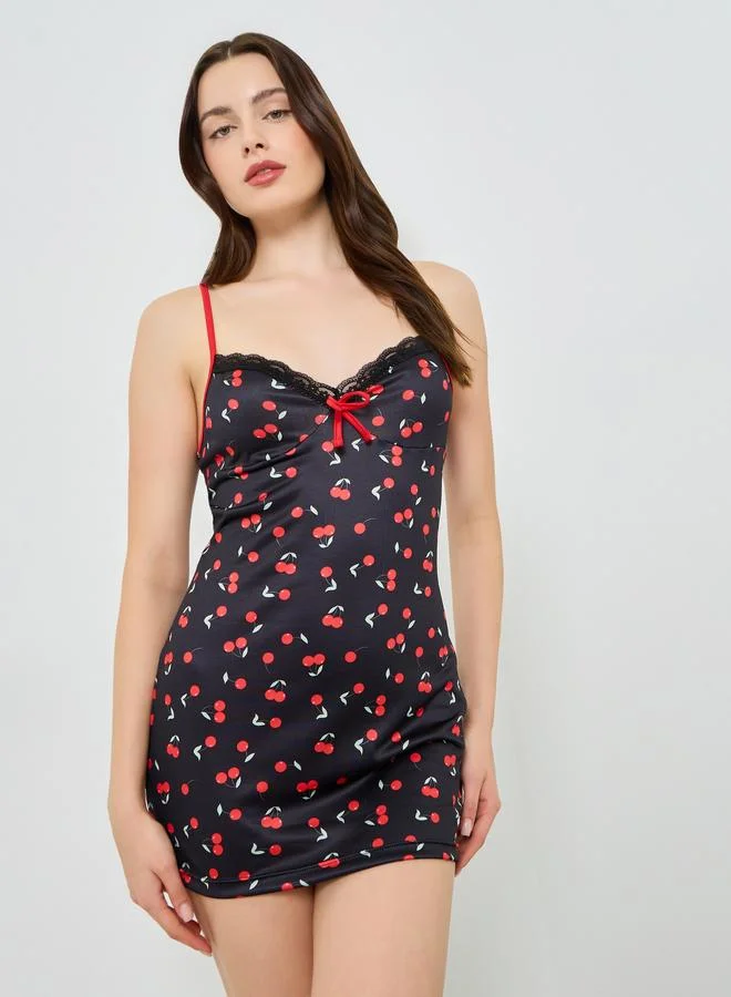 Styli Cherry Print Fitted Slip with Bow Detail