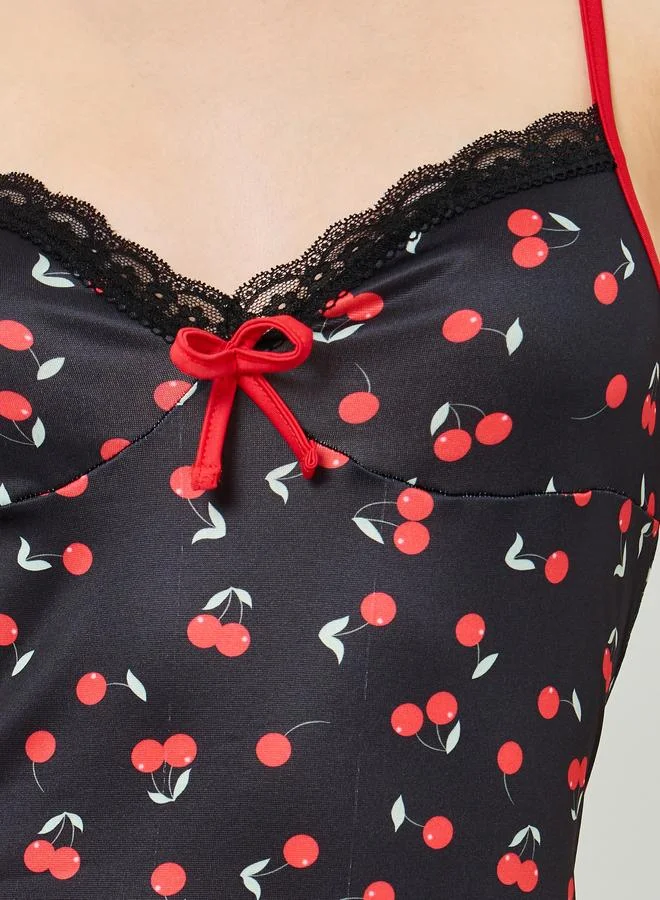 Styli Cherry Print Fitted Slip with Bow Detail
