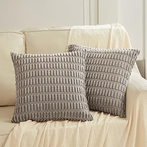Fancy Homi 2 Packs Gray Decorative Throw Pillow Covers 16x16 Inch for Living Room Couch Bed Sofa Rustic Farmhouse Boho Home Decor Soft Striped Corduroy Square Cushion Case 40x40 cm - Image 1