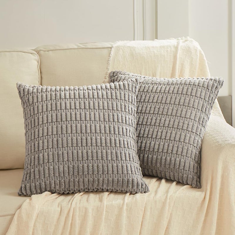 Fancy Homi 2 Packs Gray Decorative Throw Pillow Covers 16x16 Inch for Living Room Couch Bed Sofa Rustic Farmhouse Boho Home Decor Soft Striped Corduroy Square Cushion Case 40x40 cm - Image 2