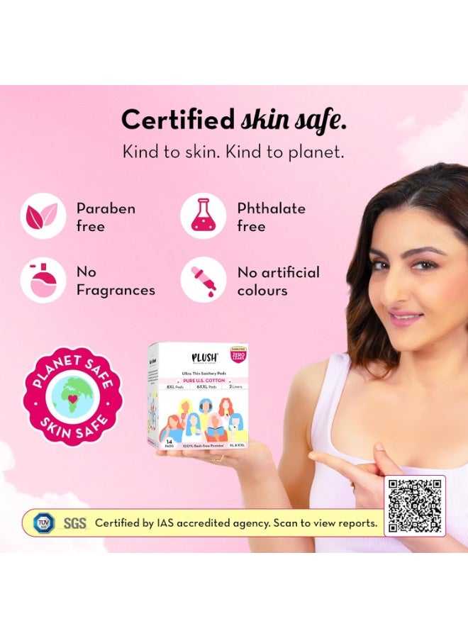 Plush Ultra-Thin Sanitary Napkins for Women, 14 Pcs | 8 XL Pads (Light-Medium Flow), 6 XXL Pads (Heavy Flow), 2 Panty Liners | 100% Rash-Free | Pure U.S. Cotton Sanitary Pads | No Fragrance | No Toxic-Chemicals - Image 5
