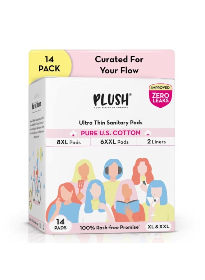 Plush Ultra-Thin Sanitary Napkins for Women, 14 Pcs | 8 XL Pads (Light-Medium Flow), 6 XXL Pads (Heavy Flow), 2 Panty Liners | 100% Rash-Free | Pure U.S. Cotton Sanitary Pads | No Fragrance | No Toxic-Chemicals - Image 1