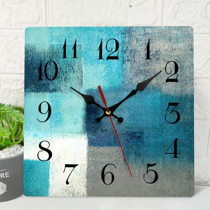 WOODEN WALL CLOCK SILENT NONTICKING GREEN BLUE GREY TEAL ABSTRACT PAINTING GRAY SQUARE RUSTIC COASTAL WALL CLOCKS DECOR FOR HOME KITCHEN LIVING ROOM OFFICE BATTERY OPERATED12 INCH
