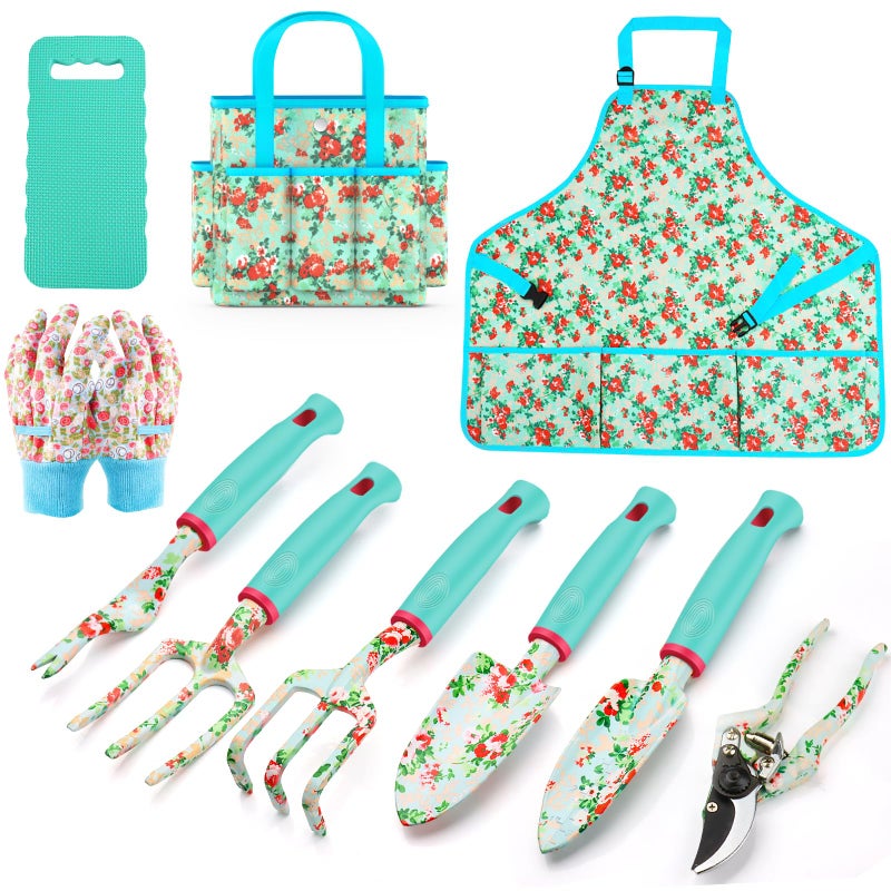 WANCHI Garden Tools Set WANCHI 10 Piece Heavy Duty Floral Garden Tool Set Gardening Gifts for Women Men Birthday Rust-Proof Aluminum Garden Hand Tools Gardening Kit with Tote Bag Apron Glove - Image 1
