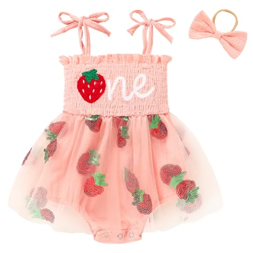 TITKKOP Baby Girl 1st Birthday Clothes One Year Old Tulle Romper Sleeveless Bodysuit Cake Smash Outfits(Pink,12-18M) - Image 1