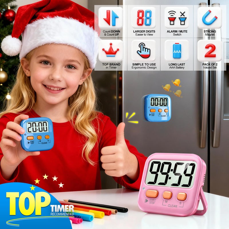 Antonki 2 Pack Digital Timer For Kids  Magnetic Countdown Kitchen Timers For Cooking  Egg  Classroom  Teacher  Exercise  Study  Oven - Battery Included - Image 2