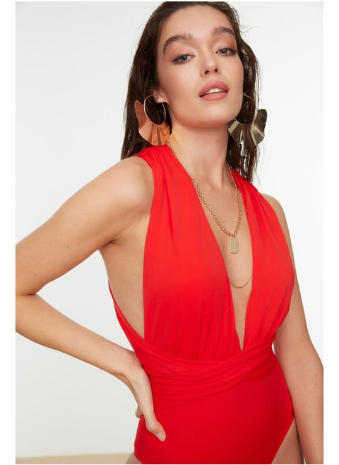 Red Deep Decollete Draped Hipster Swimsuit TBESS21MA0041