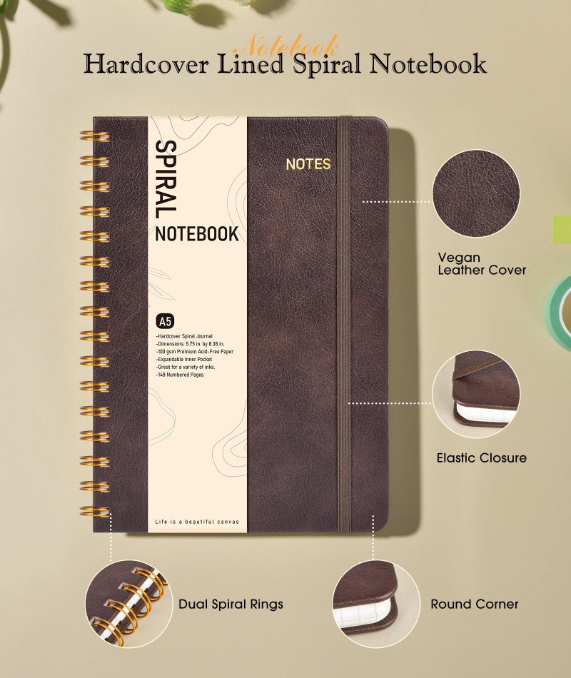 PAPEJOON Dotted Spiral Journal Notebook, A5 Hardcover Spiral Journals for Women Men, 100 GSM Dot Grid Paper Notebooks, 150 Pages Spiral Bullet Dotted Notebook for Writing Note Taking 5.75" x 8.38", Dark Brown - Image 2