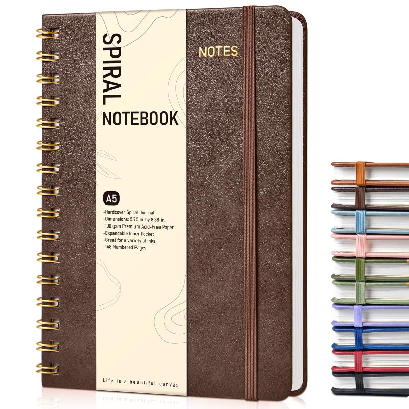 PAPEJOON Dotted Spiral Journal Notebook, A5 Hardcover Spiral Journals for Women Men, 100 GSM Dot Grid Paper Notebooks, 150 Pages Spiral Bullet Dotted Notebook for Writing Note Taking 5.75" x 8.38", Dark Brown - Image 1