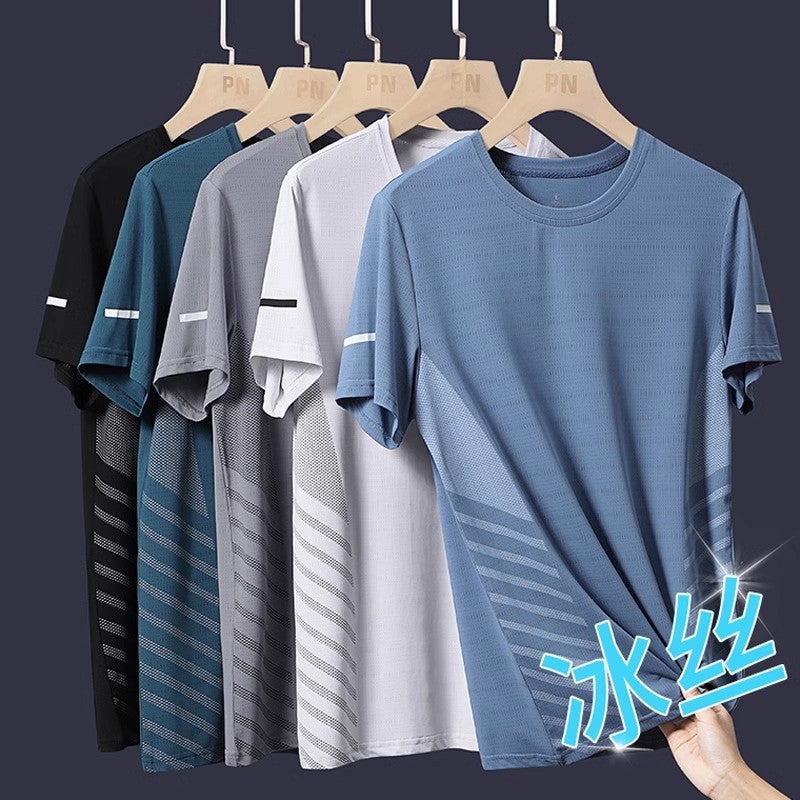 Mori Fan Clothing Ice Silk Mesh Short-Sleeved T-Shirt Men'S Korean-Style Plus Size Summer Thin Round Neck Sports Print Top - Image 2
