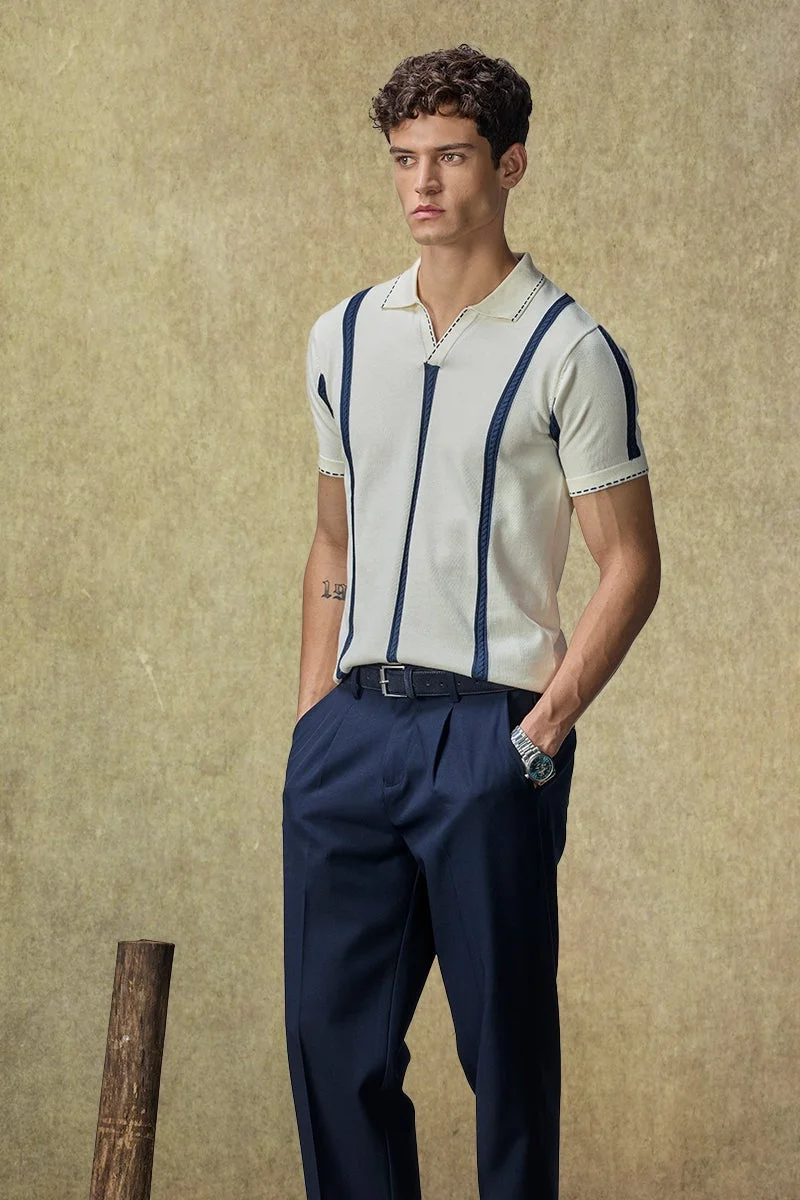 سنيتش Cream Striped Half Sleeve Regular Fit T-Shirt