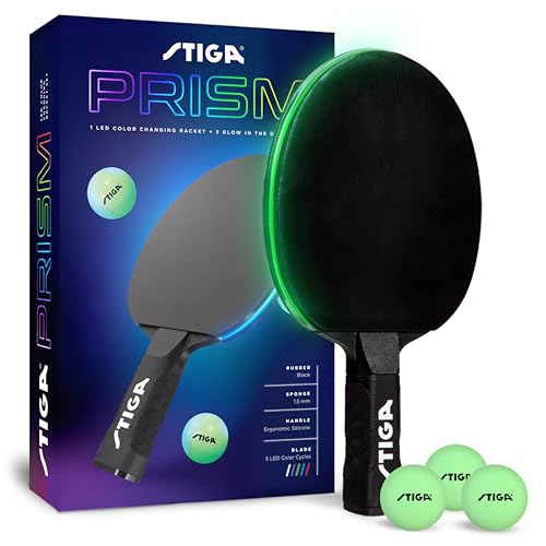 STIGA Prism LED Ping Pong Paddle - 5 LED Color Cycles - Color Gradient Mode - Includes 3 Glow-in-The-Dark Balls - 1.5mm Sponge with Smooth Rubber - Silicone Grip for Max Control - Image 1