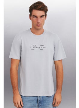 GRIMELANGE Kingsley Men's Cotton Printed Short Sleeve Regular Fit Gray T-Shirt  - Image 1