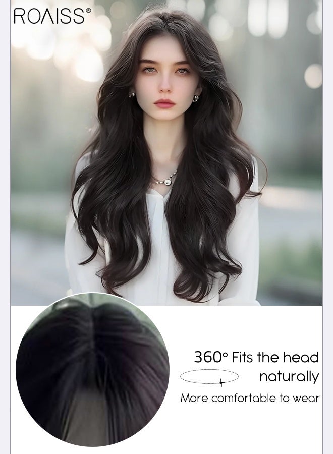 رويس باروكة شعر بني أسود طويل مموج، باروكة شعر نسائية طبيعية ناعمة مقاومة للحرارة، مناسبة لحفلات الزفاف والتنكر، للاستخدام اليومي، 60 سم (23.6 بوصة) - Image 3
