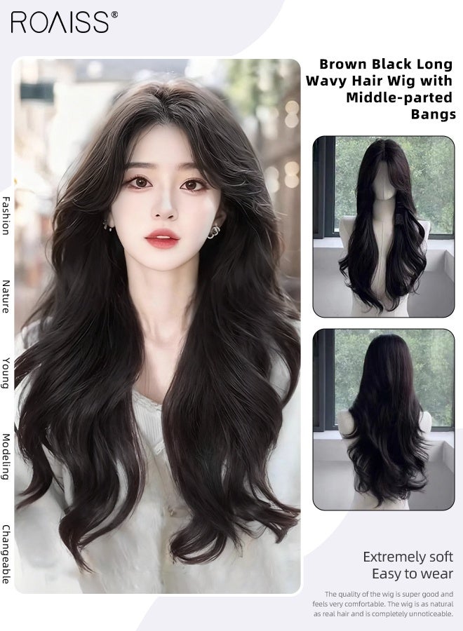 رويس باروكة شعر بني أسود طويل مموج، باروكة شعر نسائية طبيعية ناعمة مقاومة للحرارة، مناسبة لحفلات الزفاف والتنكر، للاستخدام اليومي، 60 سم (23.6 بوصة) - Image 2