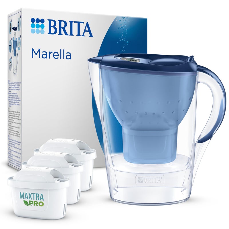 BRITA Marella Blue Water Filter Jug (2.4L) incl. 3 x Brita MAXTRA PRO All-in-1 Filters that Reduces Chlorine, Limestone, PFAS and Metals - Elegance and Functionality