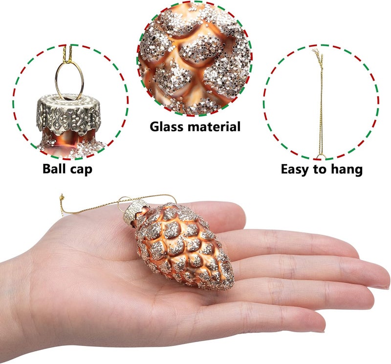 Watayo 12 Pcs Christmas Pinecone Glass Ornaments- Fall Hanging Pine Cone Painted Glass Ornaments- Glitter Pinecone Christmas Ornament for Xmas Tree DIY Crafts Fall Thanksgiving Day Decoration - Image 3