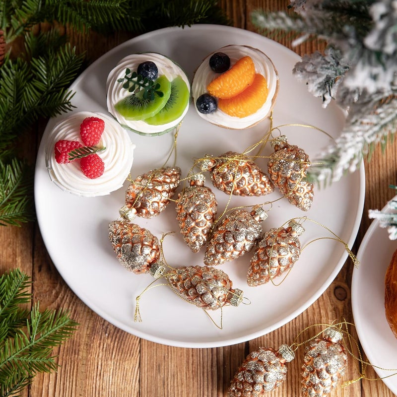 Watayo 12 Pcs Christmas Pinecone Glass Ornaments- Fall Hanging Pine Cone Painted Glass Ornaments- Glitter Pinecone Christmas Ornament for Xmas Tree DIY Crafts Fall Thanksgiving Day Decoration - Image 4