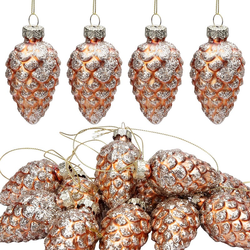 Watayo 12 Pcs Christmas Pinecone Glass Ornaments- Fall Hanging Pine Cone Painted Glass Ornaments- Glitter Pinecone Christmas Ornament for Xmas Tree DIY Crafts Fall Thanksgiving Day Decoration - Image 1