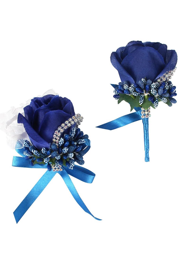 WANLIAN WANLIAN Rose Wrist Corsage Bridesmaid Corsage and Boutonniere Set for Wedding Prom Party Hand Flower Decoration Set of 2 (Blue)  - Image 1