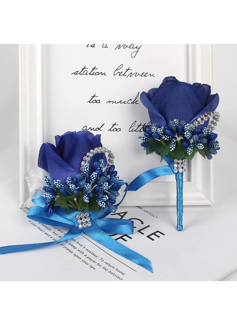 WANLIAN WANLIAN Rose Wrist Corsage Bridesmaid Corsage and Boutonniere Set for Wedding Prom Party Hand Flower Decoration Set of 2 (Blue)  - Image 2