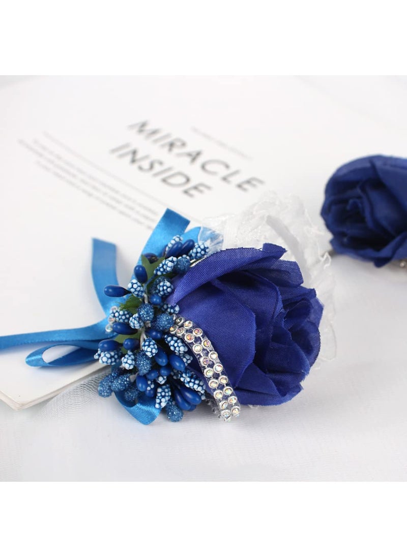 WANLIAN WANLIAN Rose Wrist Corsage Bridesmaid Corsage and Boutonniere Set for Wedding Prom Party Hand Flower Decoration Set of 2 (Blue)  - Image 3