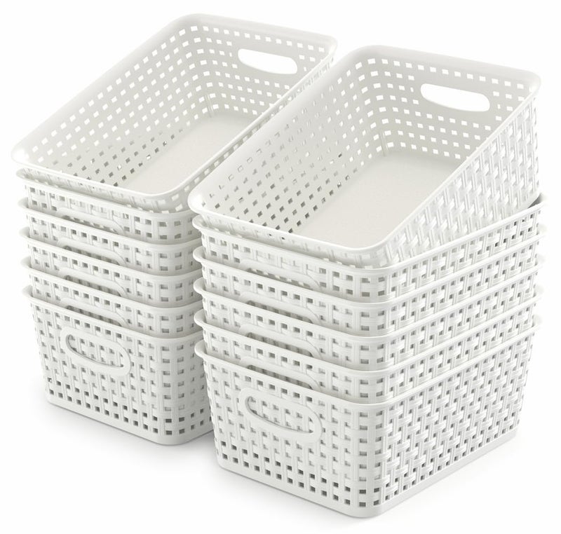 WYT 12-Pack Plastic Small Shelf Storage Weave Baskets for Organizing, White - Image 1