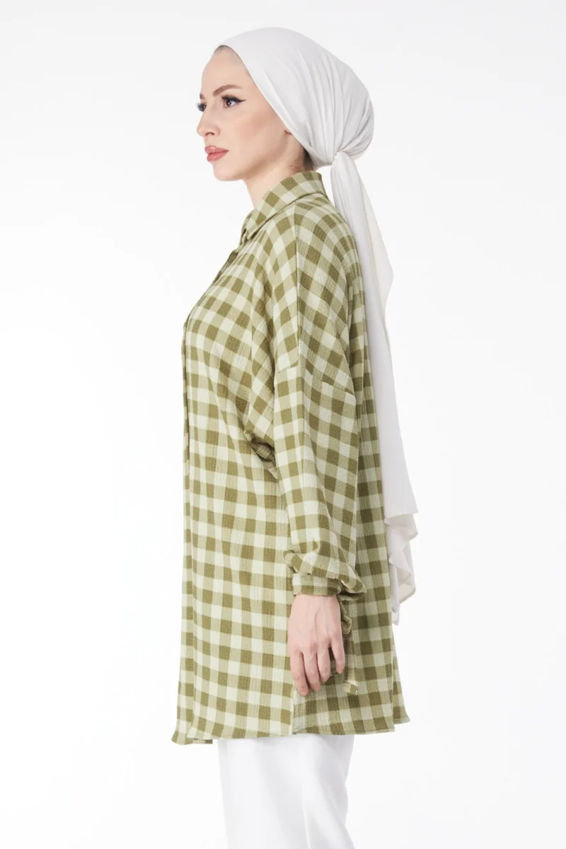 Tofisa Plain Baby Collar Women's Khaki Ankle Lace Detail Plaid Patterned Tunic - 24810