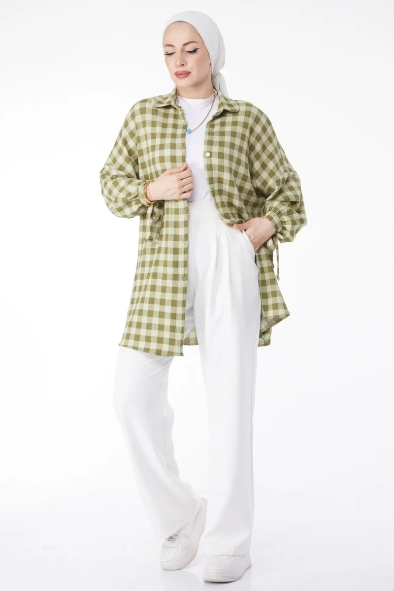 Tofisa Plain Baby Collar Women's Khaki Ankle Lace Detail Plaid Patterned Tunic - 24810