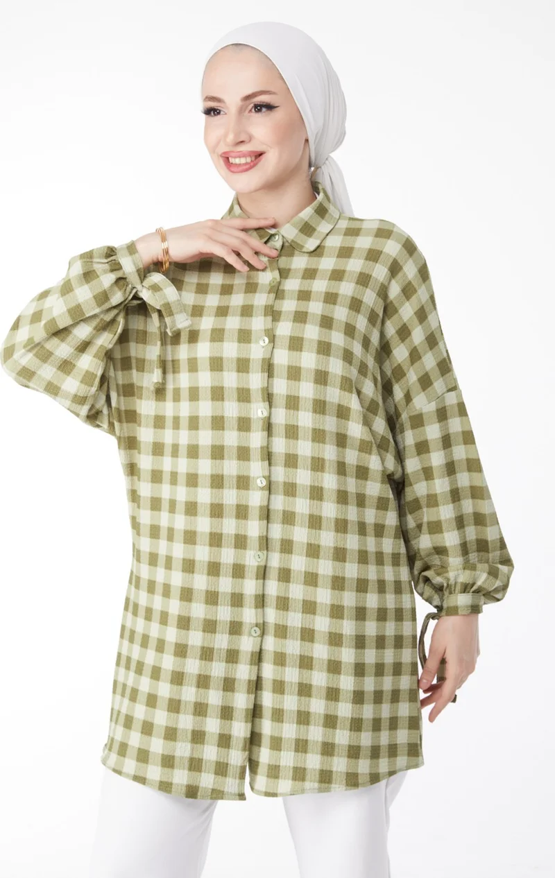 Tofisa Plain Baby Collar Women's Khaki Ankle Lace Detail Plaid Patterned Tunic - 24810