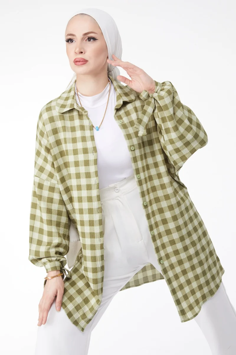 Tofisa Plain Baby Collar Women's Khaki Ankle Lace Detail Plaid Patterned Tunic - 24810