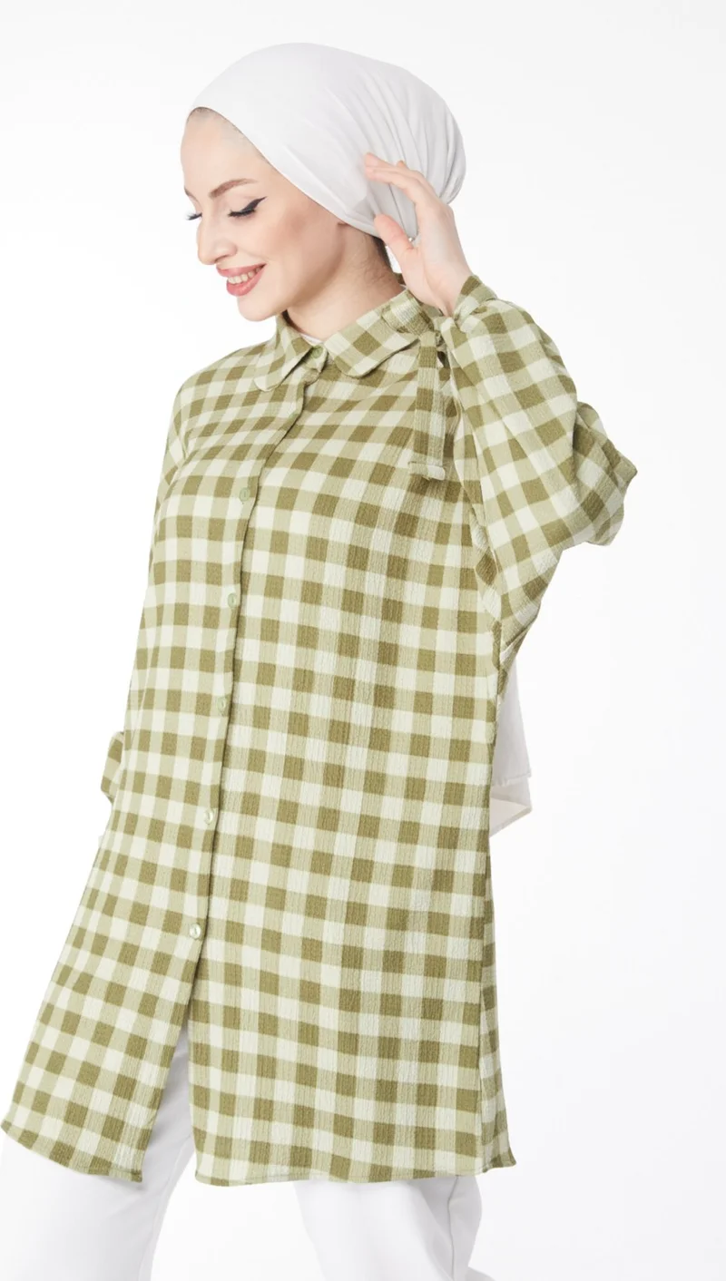 Tofisa Plain Baby Collar Women's Khaki Ankle Lace Detail Plaid Patterned Tunic - 24810