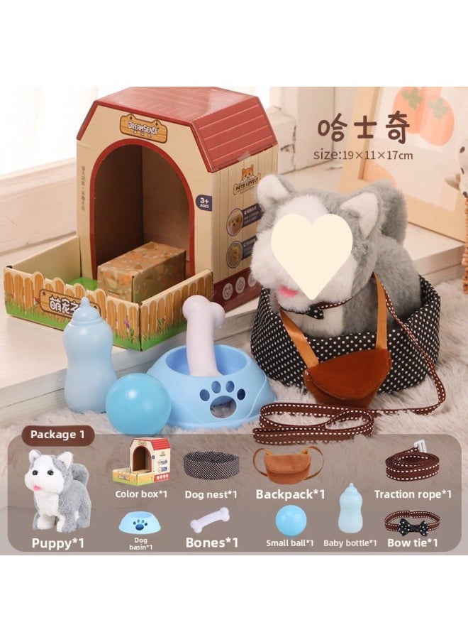 Toy Dog Dog Imitation Dog Children Walking Can Call Baby Electric Plush Electronic Small Can Move Baby Pet-Color:Husky (standard + Doghouse + Bow Tie 4-piece Set)-Specifications:[rechargeable Model] Comes With Charger Rechargeable Battery + Screwdriver  - Image 1