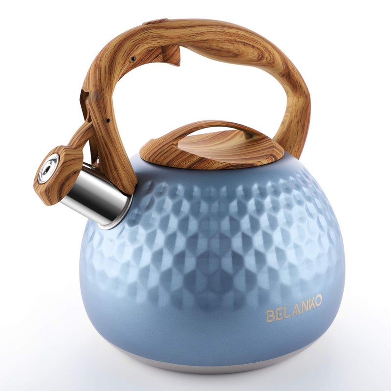 BELANKO 27 Quart Tea Kettle for Stovetop  Food Grade Stainless Steel with Diamond Texture Designer Teapot Look CoolTouch Wood Pattern Handle Whistling Spout  Glacier Blue