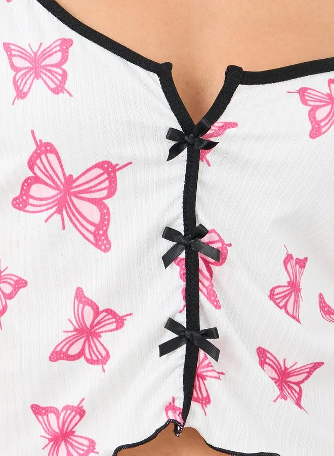 ستايلي Styli Butterfly Print Rib Cami and Lettuce Edge Shorts Set